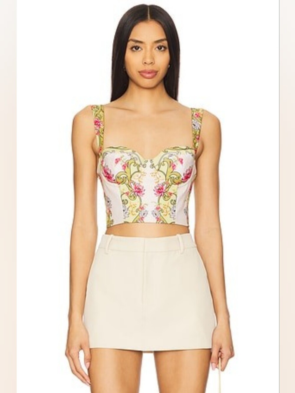 Agua Bendita Floral Print Corset Crop Top in Pink, Green, Cream